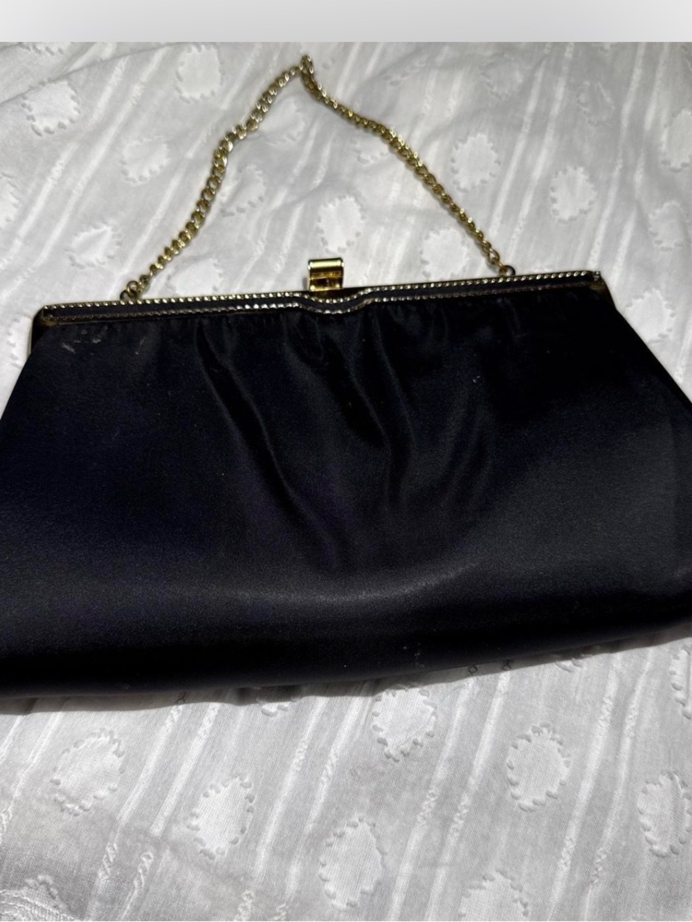 Ande Classic Black Satin Evening Clutch with Gold Chain y2k vintage 1950